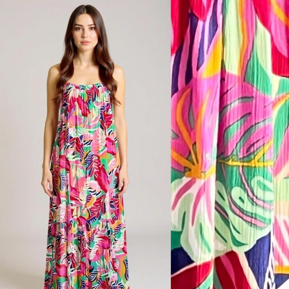 Goa Beachwear by Japana Flowy Tropical Maxi Dress  with pockets Size Medium